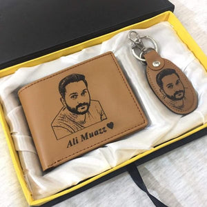 Name & Picture Engraved Men’s Leather Wallet & Key Chain Set-Camel