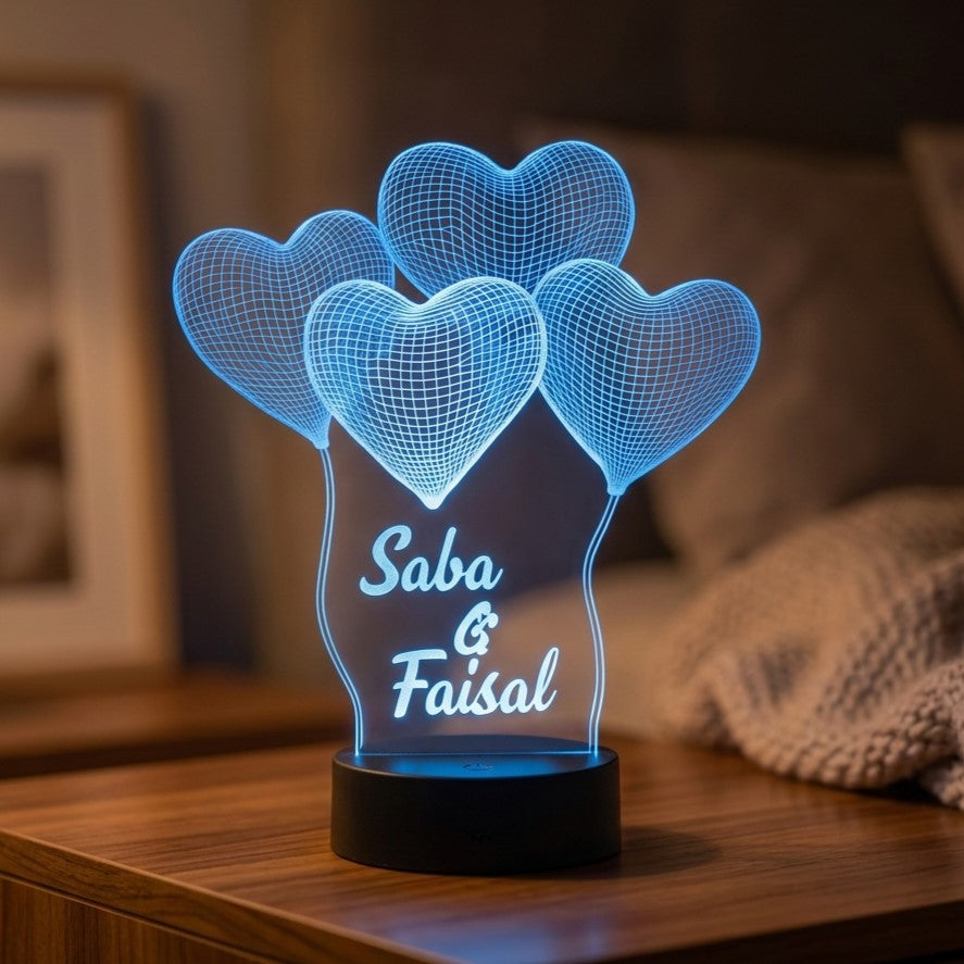 Personalized 3D Heart Shaped LED Lamp with couple names – romantic anniversary gift idea in Pakistan
