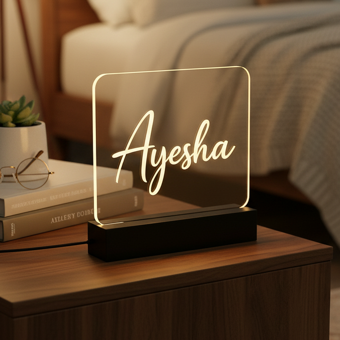 Personalised LED Name Lamp glowing on a bedside table – best Eid gift idea in Pakistan