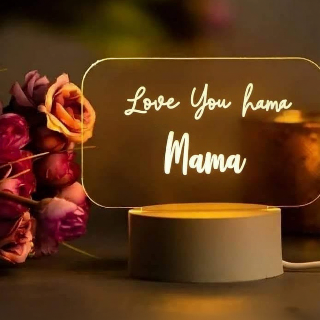 Customised LED name lamp as Mother's Day gift on kitchen counter with flowers