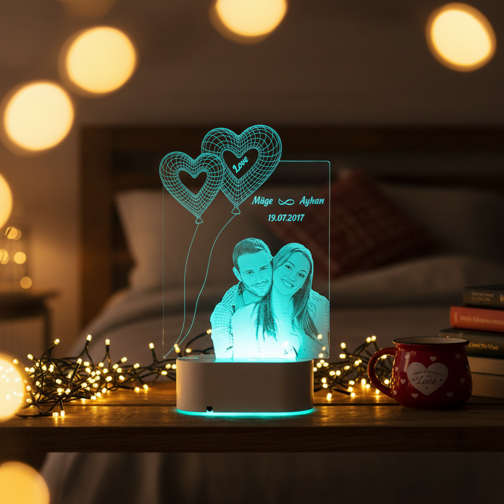 Custom photo 3D LED lamp on bedroom shelf with fairy lights in cozy dark room
