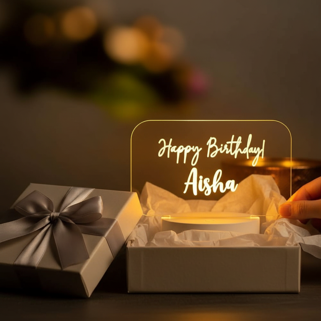 Customised LED name lamp presented as birthday gift in open gift box with ribbon