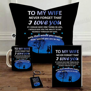 Combo Gift Pack for Wife (16" x 1" Inch Cushion Cover with Filler + Printed Mug + Greeting Card + Printed Key Ring)