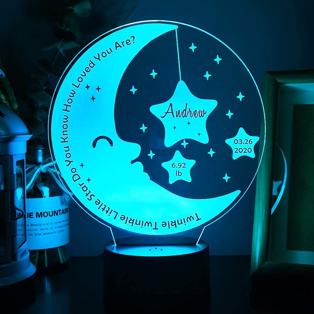 Baby Gifts, Personalized Night Light with Name Birthday Weight, Custom 3D Illusion Lamp Present for Baby - Moon and Stars - My Art