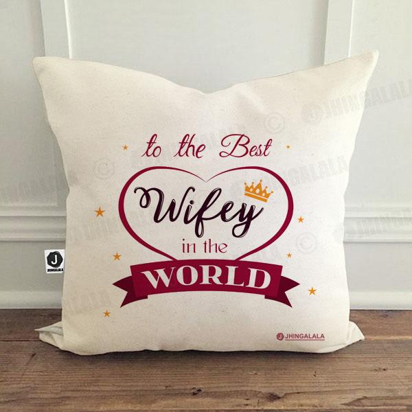 Combo Gift Pack for Wife (16" x 1" Inch Cushion Cover with Filler + Printed Mug + Greeting Card + Printed Key Ring)
