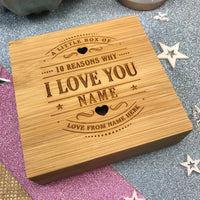 10 Reasons Why I Love You Bamboo Box and Personalised Hearts - Birthday, Anniversary, Valentines Day Gift, Boyfriend Girlfriend Wife Husband