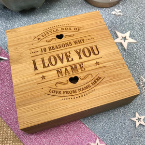 10 Reasons Why I Love You Bamboo Box and Personalised Hearts - Birthday, Anniversary, Valentines Day Gift, Boyfriend Girlfriend Wife Husband